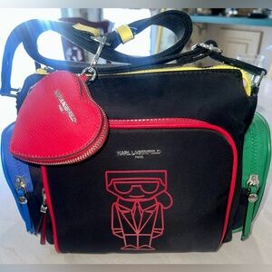 NWT Karl Lagerfeld Naomi Bag Black With Yellow/Red/Blue/Green Accents & Charm